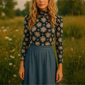 LOVESHACKFANCY Vienna Deep Marine‎ Blue Long Sleeve Turtle Neck Tee